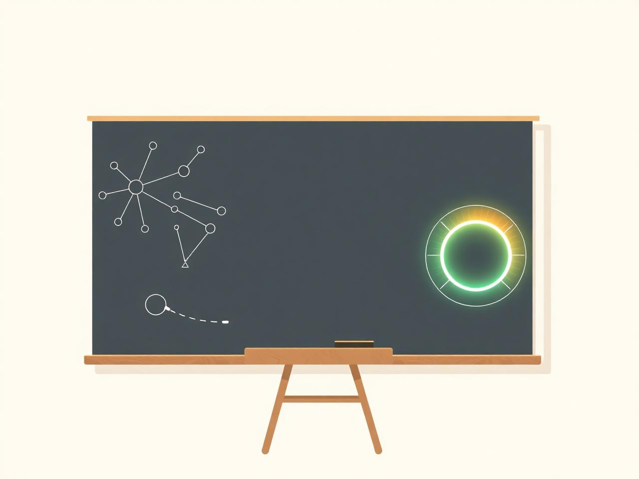 A chalkboard with knowledge diagrams and a glowing comprehension score ring